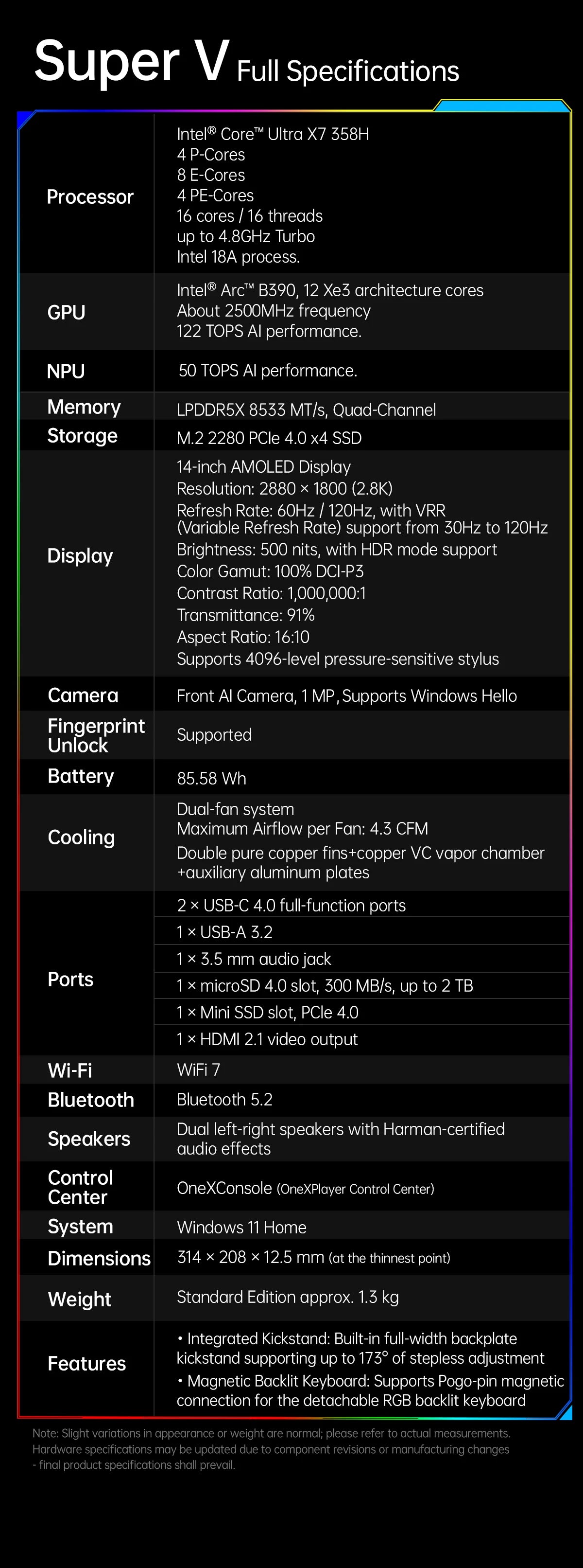 OneXPlayer Super V – Intel Core Ultra X7 358H, 14" 2.8K AMOLED, 48GB RAM, 1TB, Windows 11