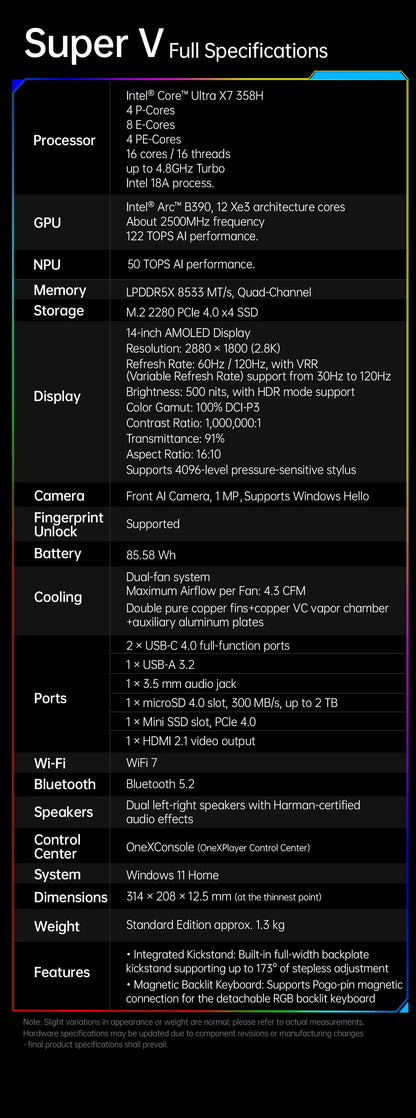 OneXPlayer Super V – Intel Core Ultra X7 358H, 14" 2.8K AMOLED, 48GB RAM, 1TB, Windows 11