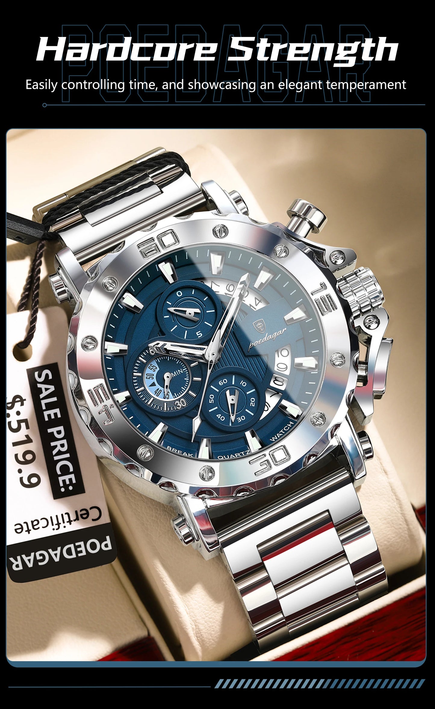 POEDAGAR Men's Luxury Chronograph Watch – Calendar, Luminous, Waterproof, Stainless Steel Quartz