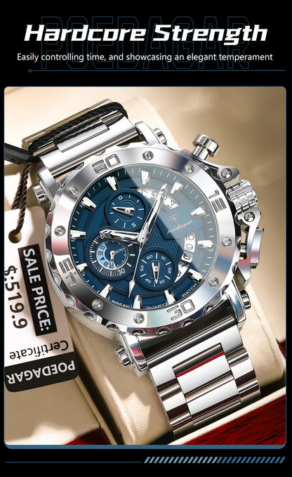 POEDAGAR Men's Luxury Chronograph Watch – Calendar, Luminous, Waterproof, Stainless Steel Quartz