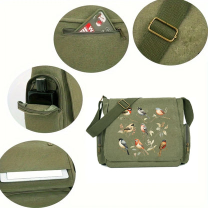 Vintage Bird Print Canvas Crossbody Bag - Large Capacity Shoulder Bag