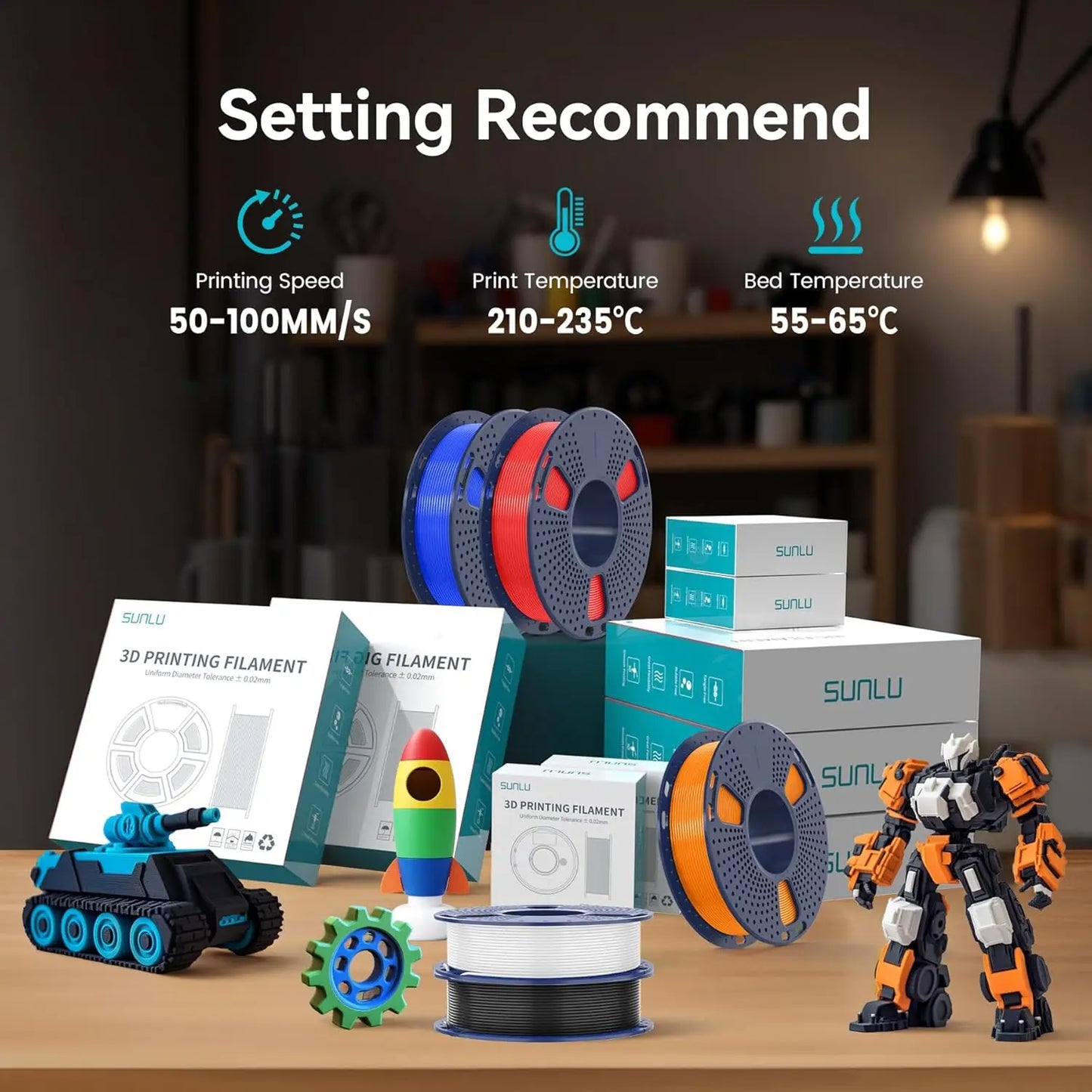 SUNLU 3D Printer Filament – 10 Rolls 1.75mm PLA / PETG / PLA+, 1KG Each, EU & US Warehouse