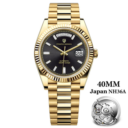 PAGANI DESIGN Men's Automatic Watch – 40mm, NH36A, AR Sapphire Glass, Date & Week, Gold Green