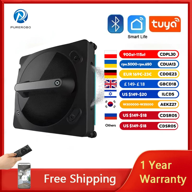 Purerobo W-V1S Robot Window Cleaner – APP Control, Auto Water Spray