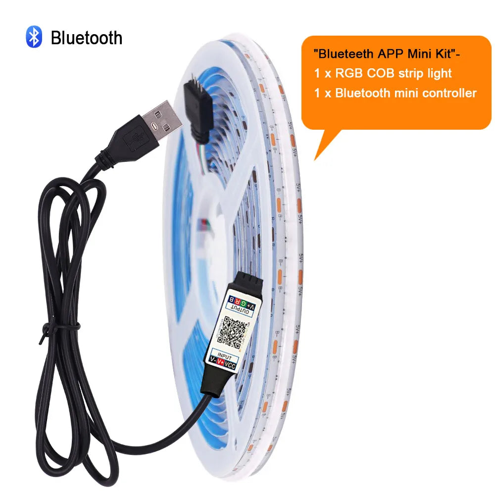 WiFi Bluetooth RGB COB LED Strip Light – 576 LEDs, 24/44 Key Remote, Flexible Tape Kit