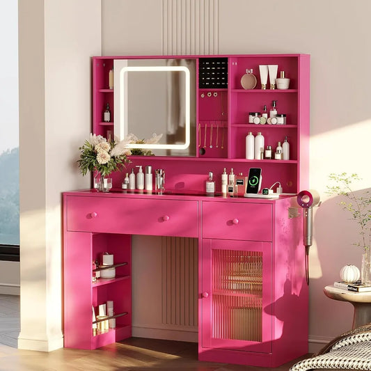 Vanity Desk with Sliding Mirror and Lights, Glass Top Makeup Vanity Table w/Glass Cabinets w/Hidden Jewelry Storage
