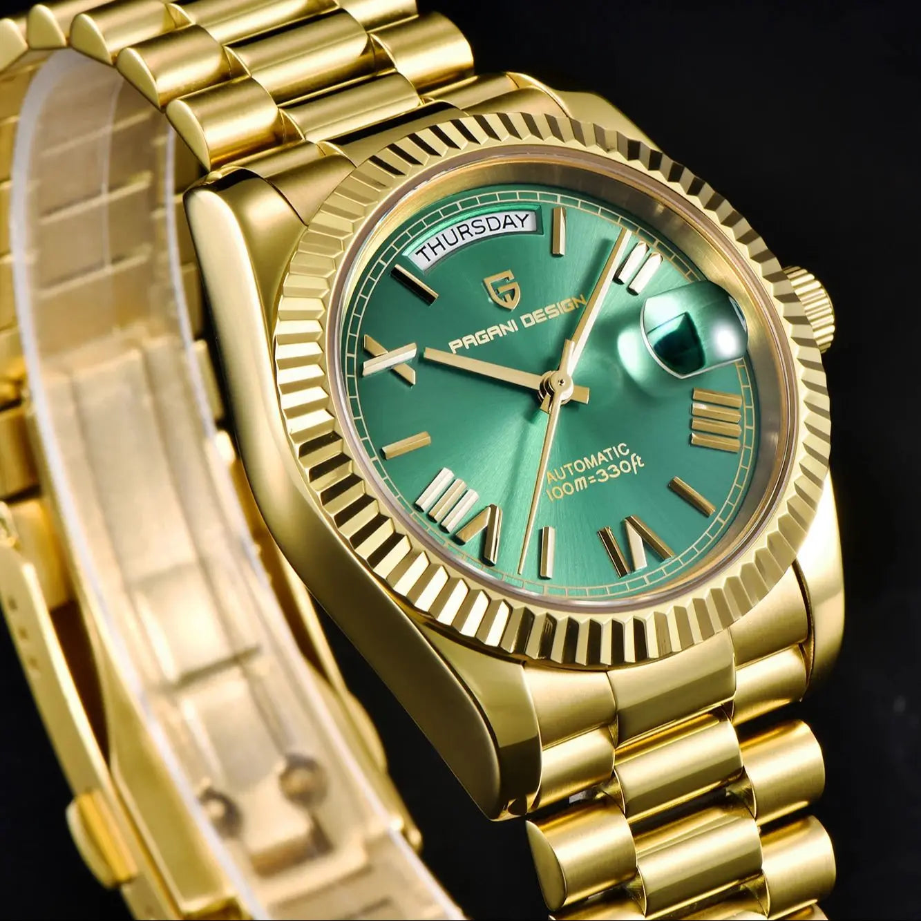 PAGANI DESIGN Men's Automatic Watch – 40mm, NH36A, AR Sapphire Glass, Date & Week, Gold Green