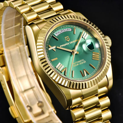 PAGANI DESIGN Men's Automatic Watch – 40mm, NH36A, AR Sapphire Glass, Date & Week, Gold Green