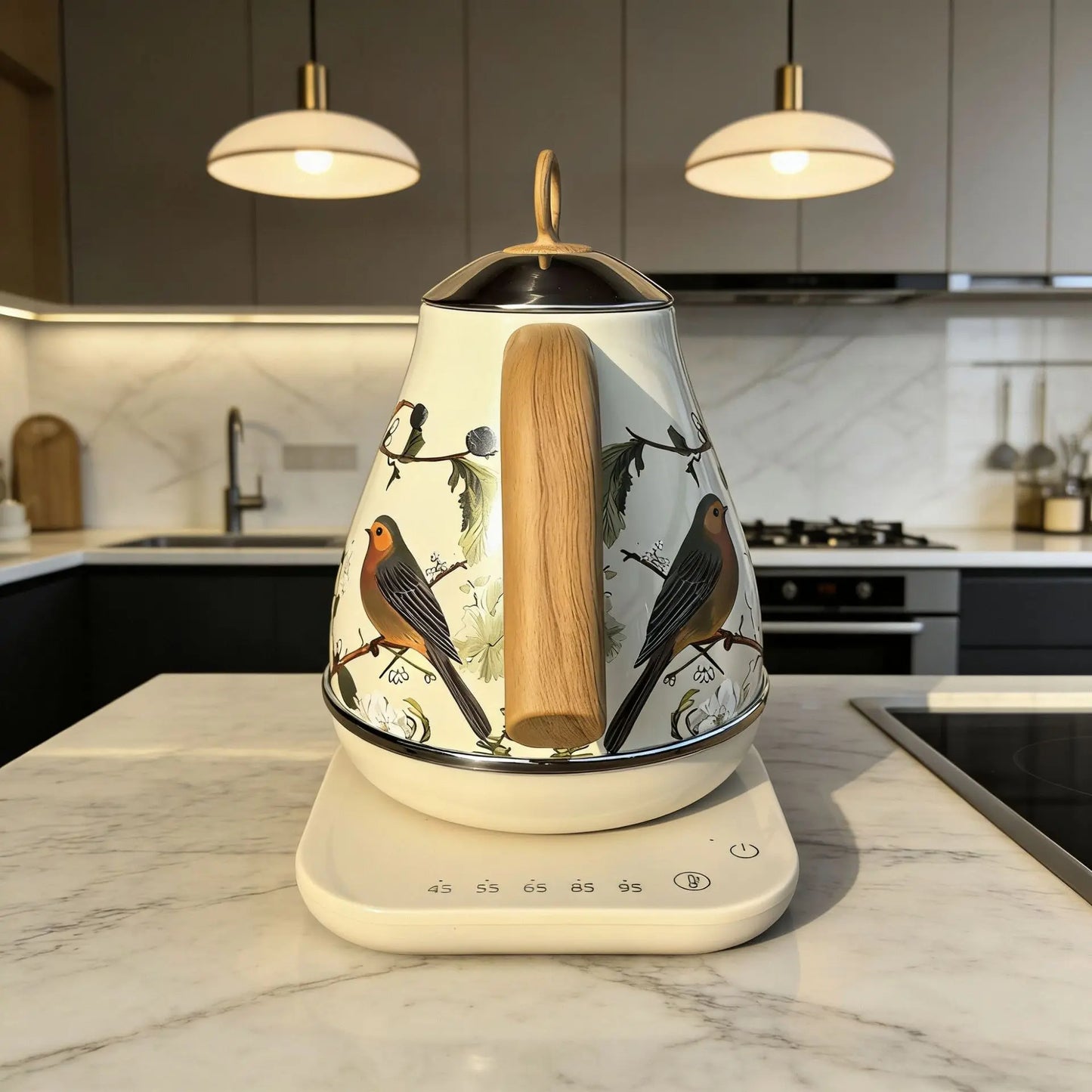 Retro Decal Electric Kettle – 1.7L, 304 Stainless Steel, Temperature Control, Wood Grain Handle
