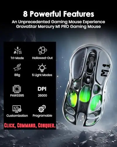 GravaStar Mercury M1 Pro Gaming Mouse – Magnesium Alloy, 26,000 DPI, PAW3395DM, 5 Programmable Buttons
