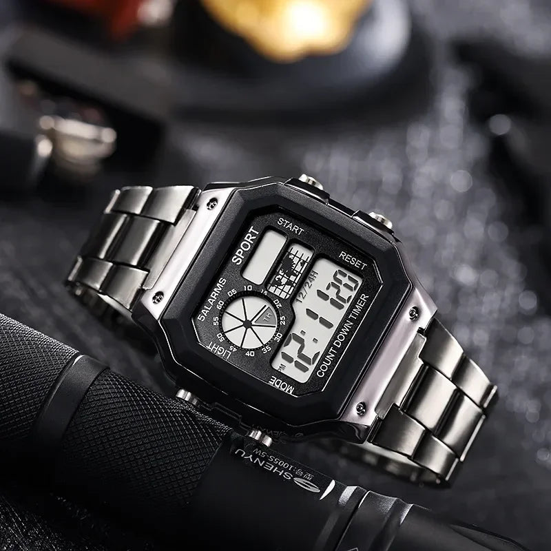 YIKAZE Men's Military LED Sport Watch - Luxury Stainless Steel Strap, Waterproof Digital Wristwatch