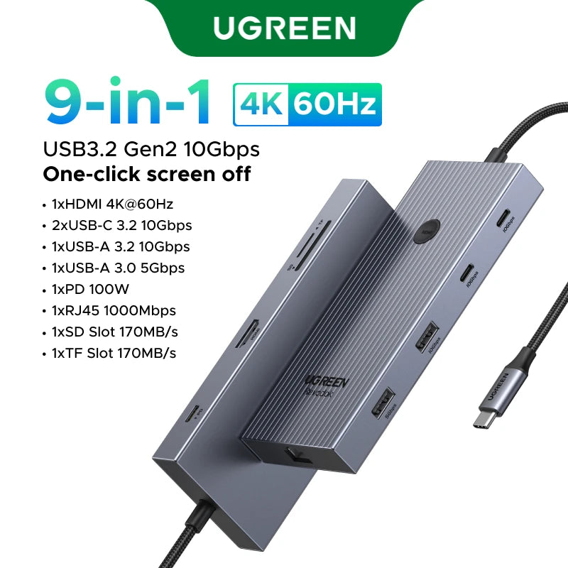 UGREEN USB-C Hub – Up to 12-in-1, 4K120Hz DP, 2xHDMI, RJ45, USB3.2 Gen2 10Gbps