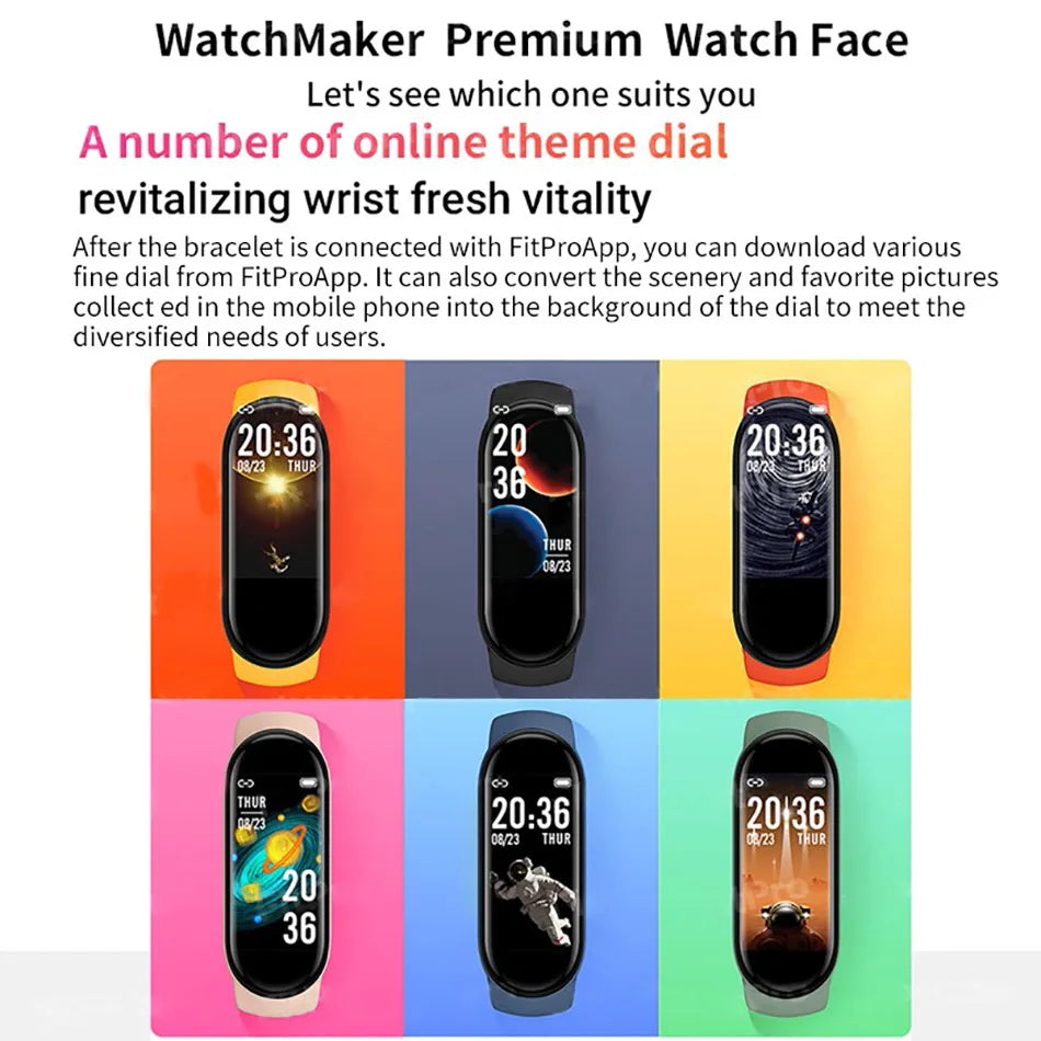 R.E.D. Shopping M6 Smart Fitness Bracelet with heart rate monitor, sleep tracking, and IP67 waterproof design, shown on wrist.