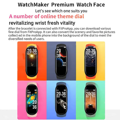 R.E.D. Shopping M6 Smart Fitness Bracelet with heart rate monitor, sleep tracking, and IP67 waterproof design, shown on wrist.