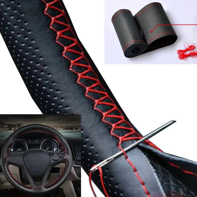 DIY Braid Steering Wheel Cover | Artificial Leather with Needles & Thread, 2 Colors, Soft Texture