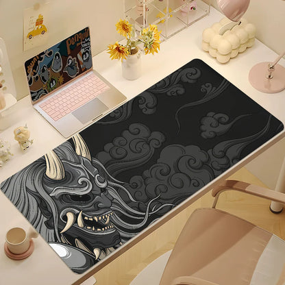 Large Japan Samurai Fantasy Mask gaming mouse pad by R.E.D. Shopping featuring detailed samurai mask design on non-slip desk mat