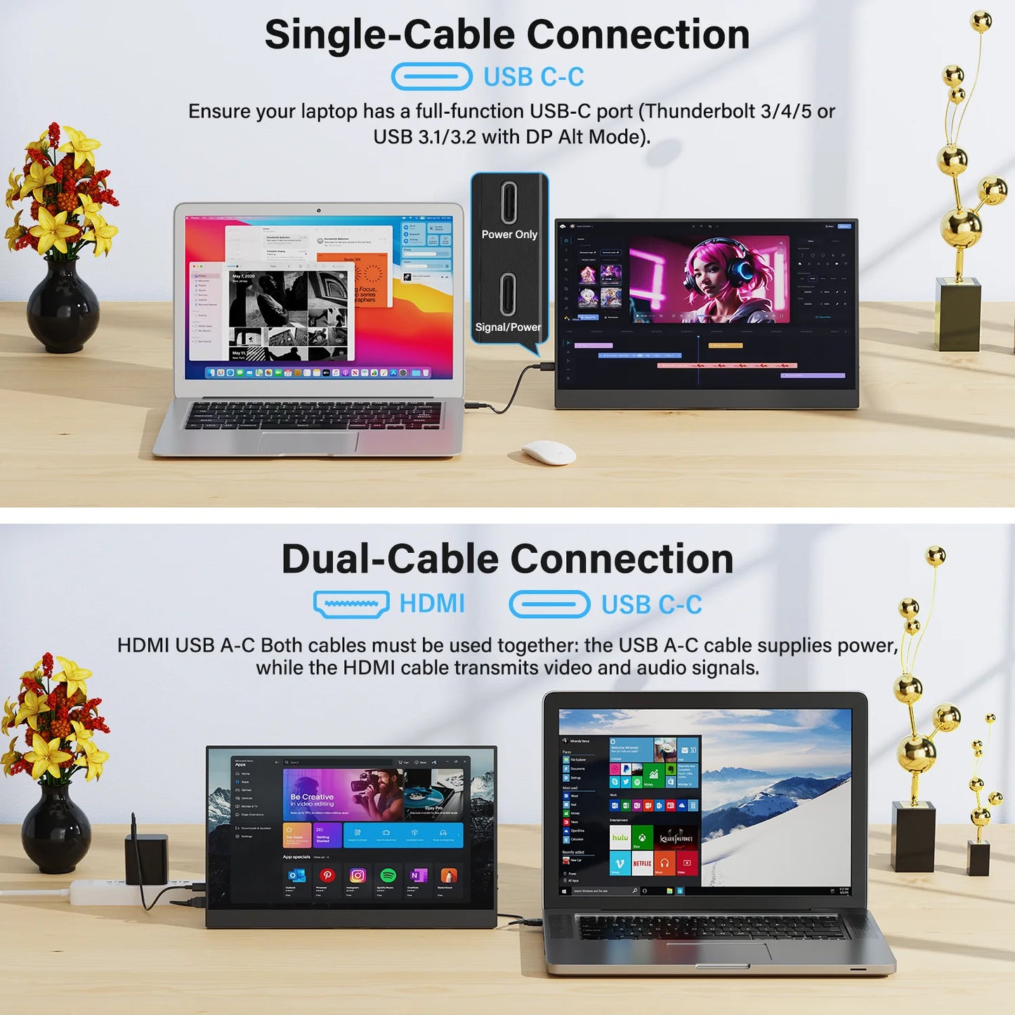 Amoudo 15.6" Portable Monitor – 1080P IPS, USB-C, Mini HDMI, VESA, Penhole Stand