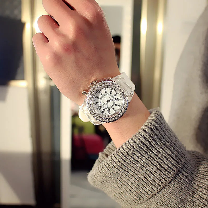 LED Flash Luminous Watch by R.E.D. Shopping featuring rhinestone accents and silicone band, designed for kids and adults.