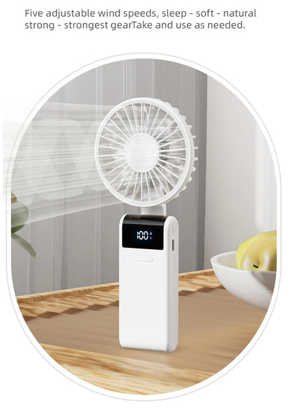 WO.Poblwc Handheld Mini Fan – 1800mAh Foldable, 5-Speed USB Rechargeable, Neck Hanging, Phone Stand, for Home & Outdoor
