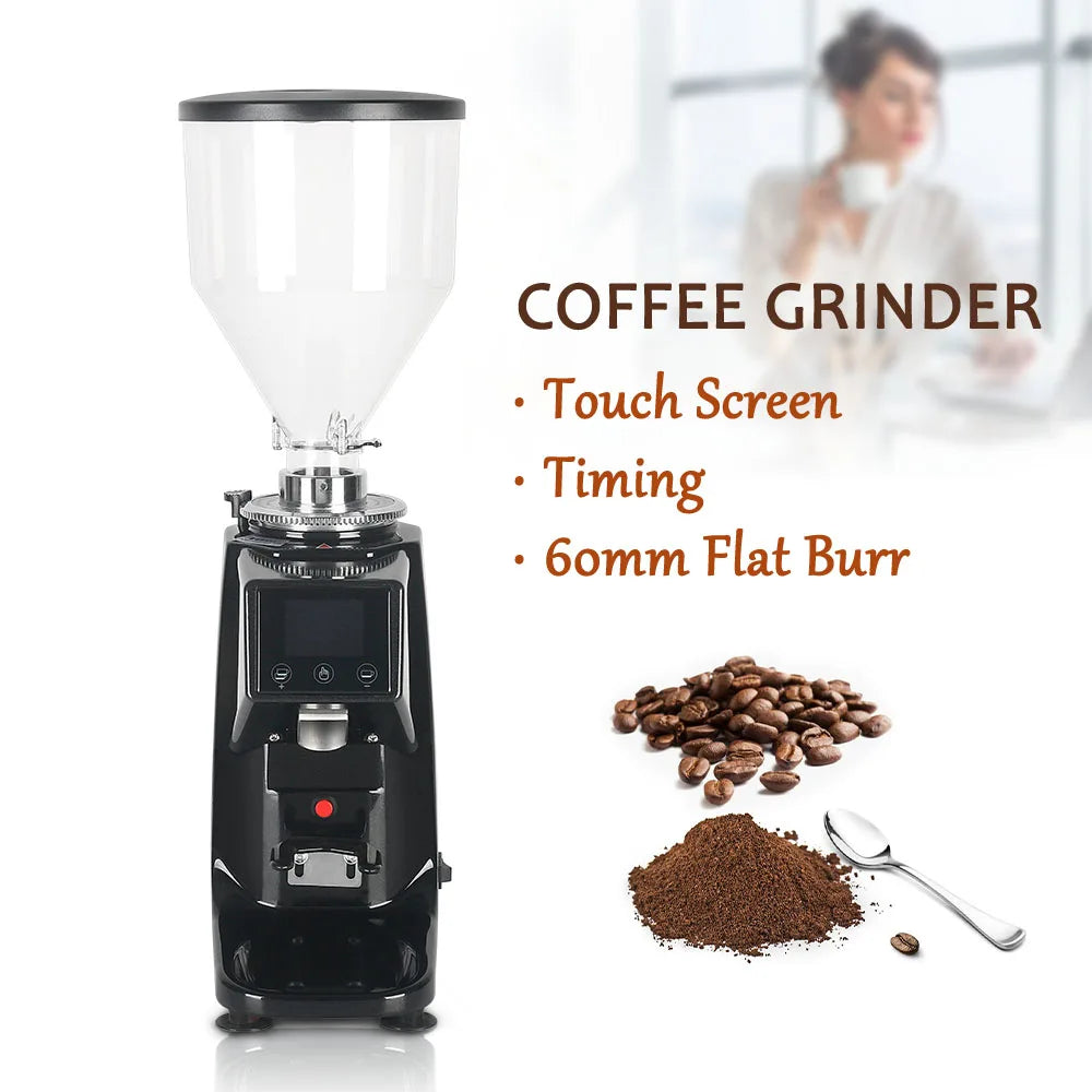 R.E.D. Shopping ITOP coffee grinder with touch screen, 60mm flat burr, aluminum alloy body, for home espresso brewing.