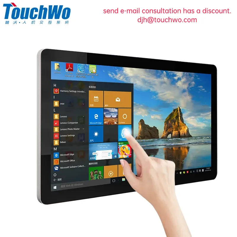 R.E.D. Shopping TouchWo 21.5-27 inch industrial all-in-one PC with touchscreen, Android, and Windows 10 for commercial use.