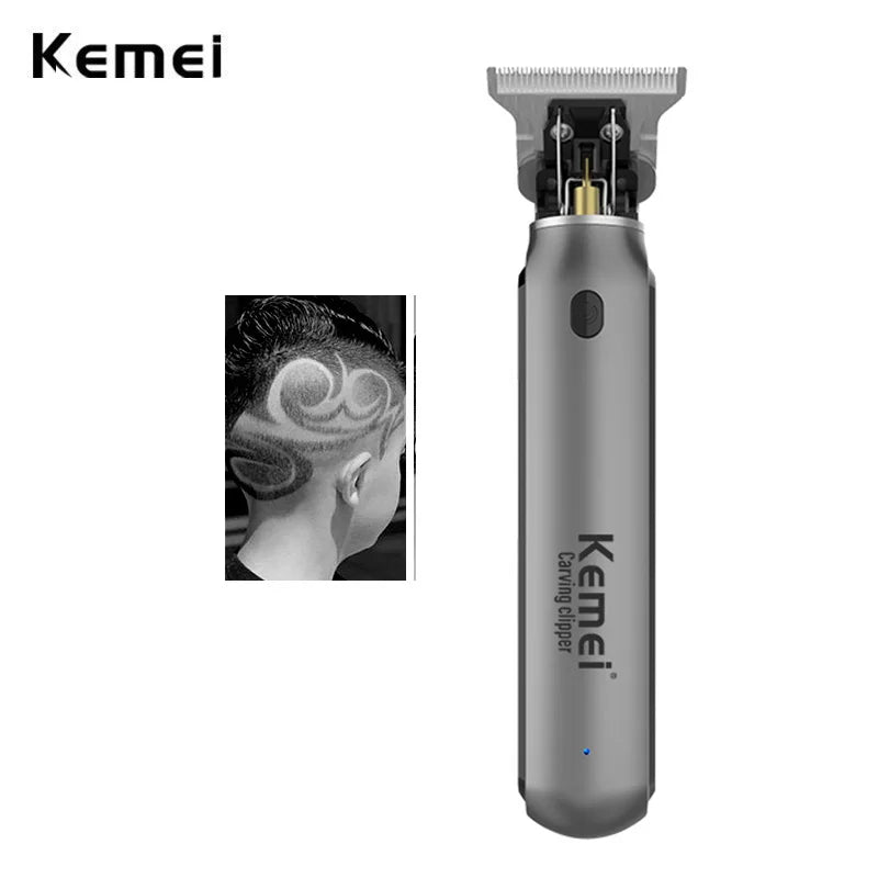 Kemei Professional Cordless Hair Trimmer with titanium blade, black and silver clipper for precise hair cutting.