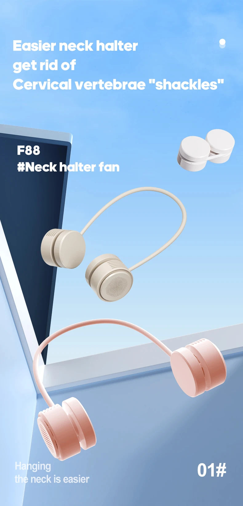 Kinscoter Neck Fan – 1600mAh Foldable Rechargeable, 3-Speed Silent Cooling Fan for Sports & Home (GXZ-F88)