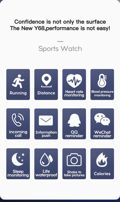 R.E.D. Shopping Y68/D20 smartwatch showing a digital display, with fitness tracking, sleep monitor, and music control features.