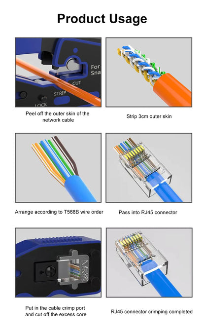 OMAY RJ45 UTP Crimper Tool | CAT5/6/7/8 Pass-Through Ethernet Cable Stripper & Connector Kit