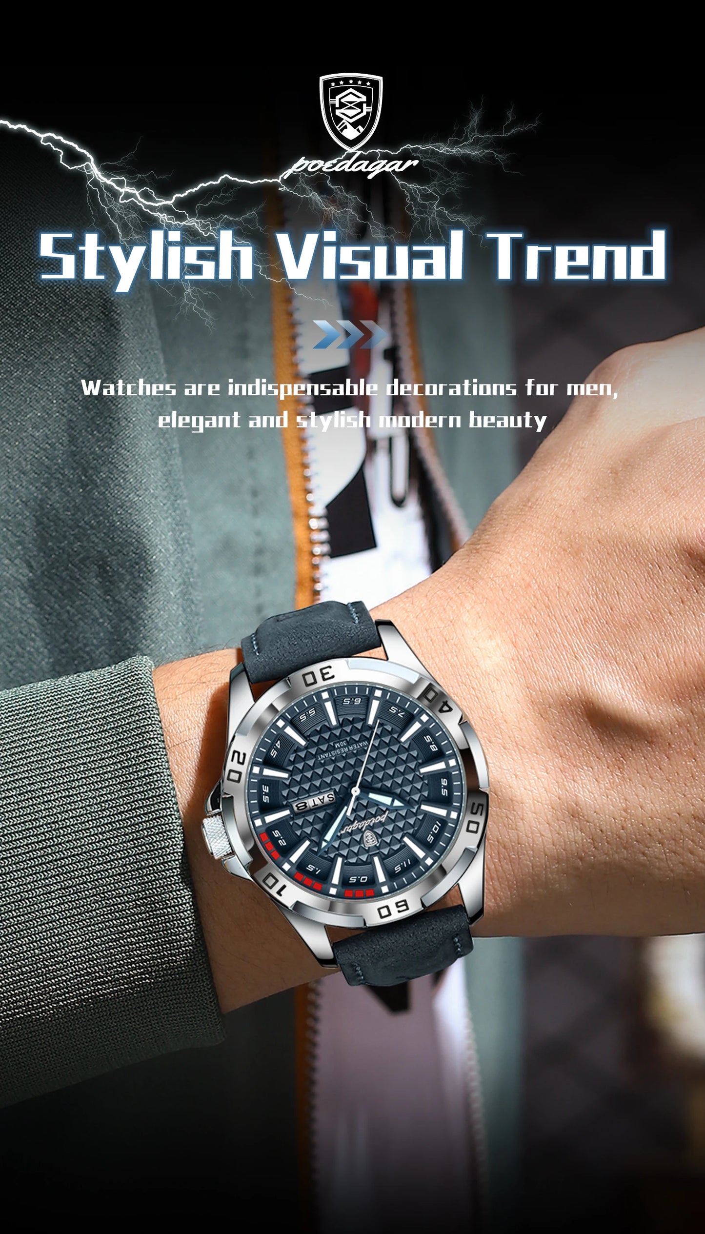 POEDAGAR Men's Luxury Wristwatch – Waterproof, Luminous, Date & Week Display, Quartz Sport Leather