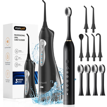 Mornwell D52 Portable Water Flosser + X3 Electric Toothbrush Combo – 4 Modes, 300ml Tank, Rechargeable, Travel-Ready