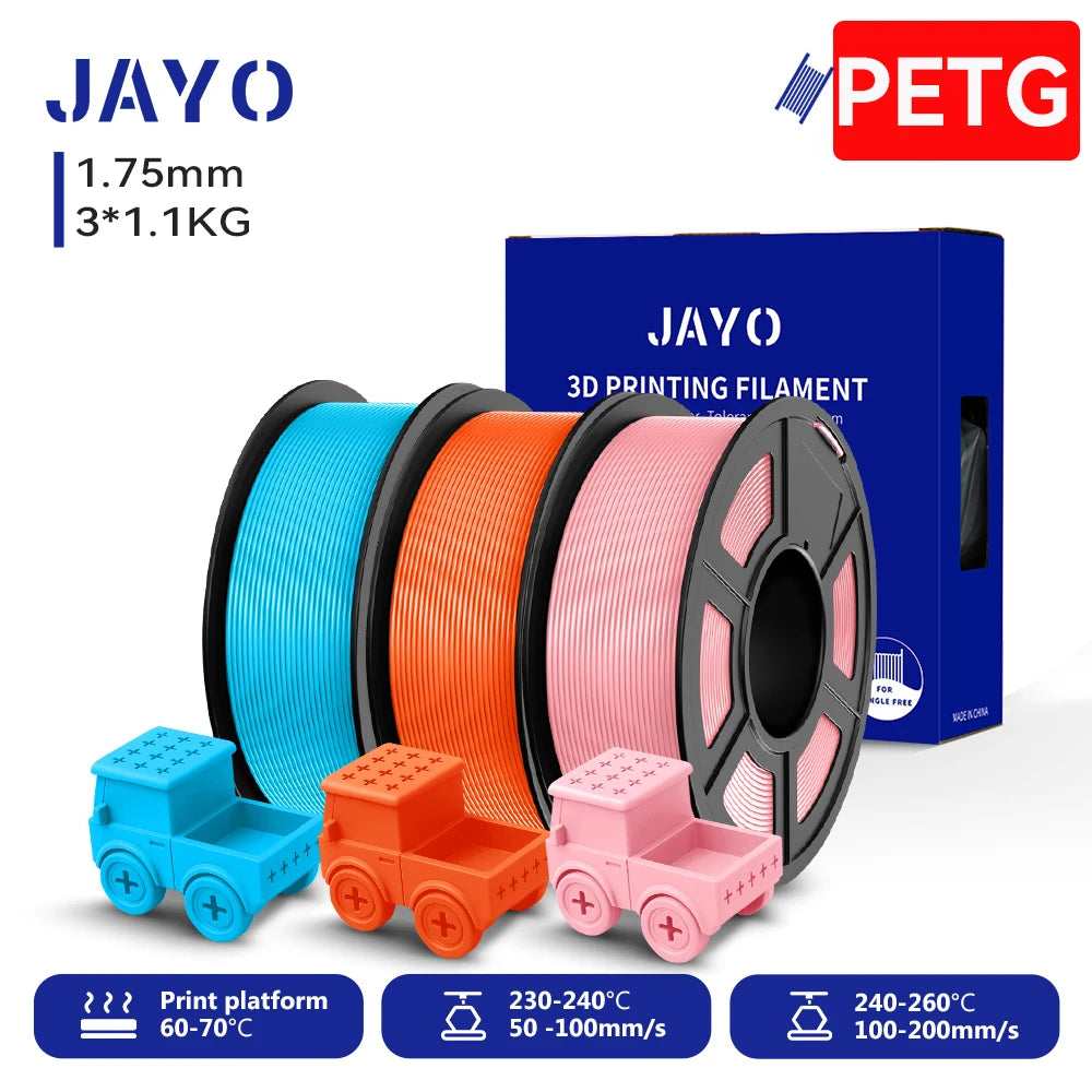 JAYO PETG/High Speed Matte PETG 3D Printing Filament 1.75MM Mix-Colors & No bubbles &Non-toxic For 3D Printer & Pen 3Rolls