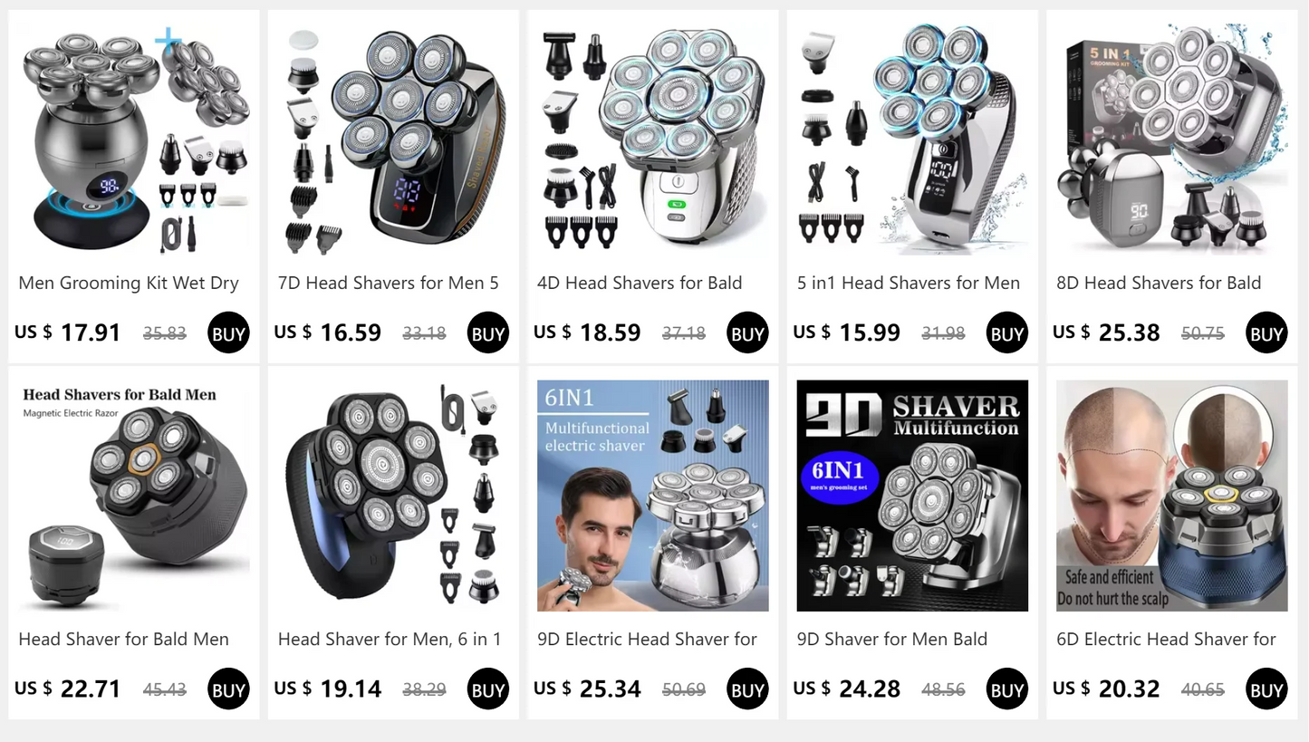 DUTRIEUX 5-in-1 7D Head Shaver for Men – Cordless, Wet & Dry, LED Display, Waterproof, Grooming Kit