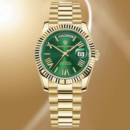 PAGANI DESIGN Men's Automatic Watch – 40mm, NH36A, AR Sapphire Glass, Date & Week, Gold Green