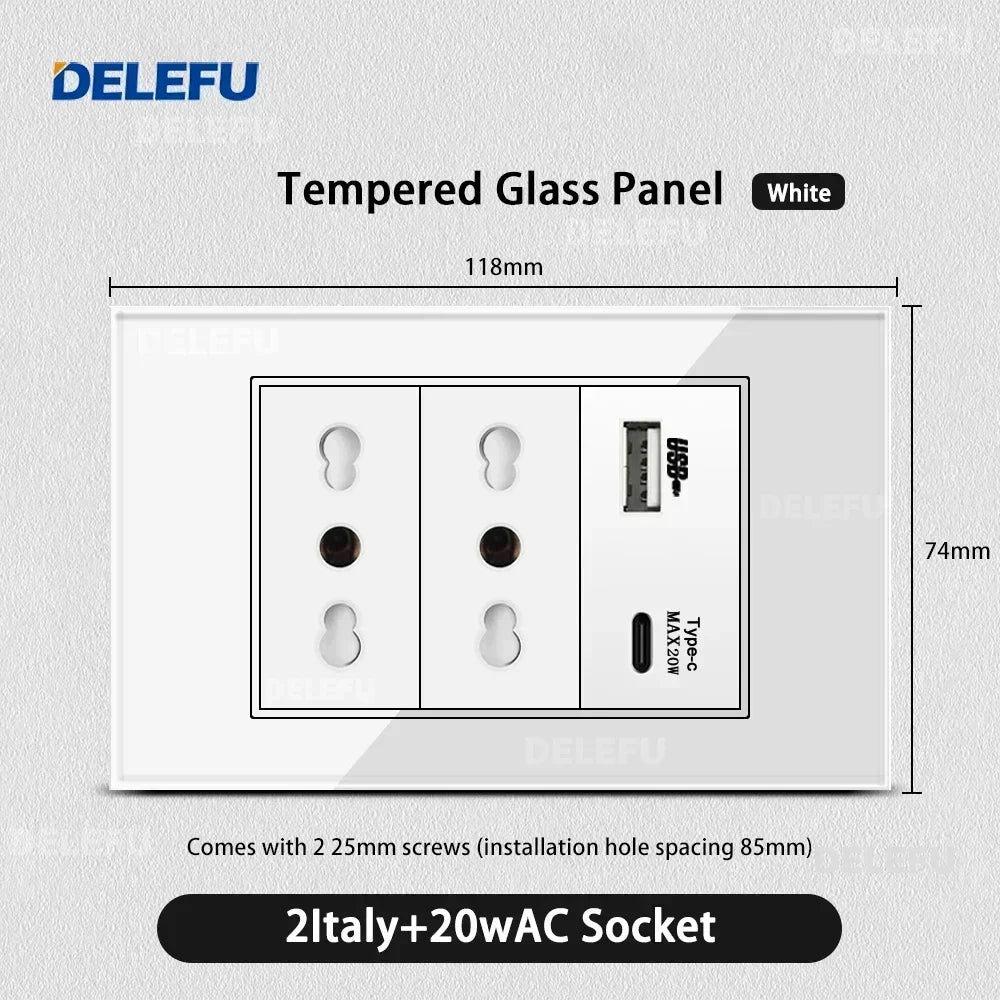 DELEFU Tempered Glass Wall Socket with USB-C Fast Charging – Schuko/Italy