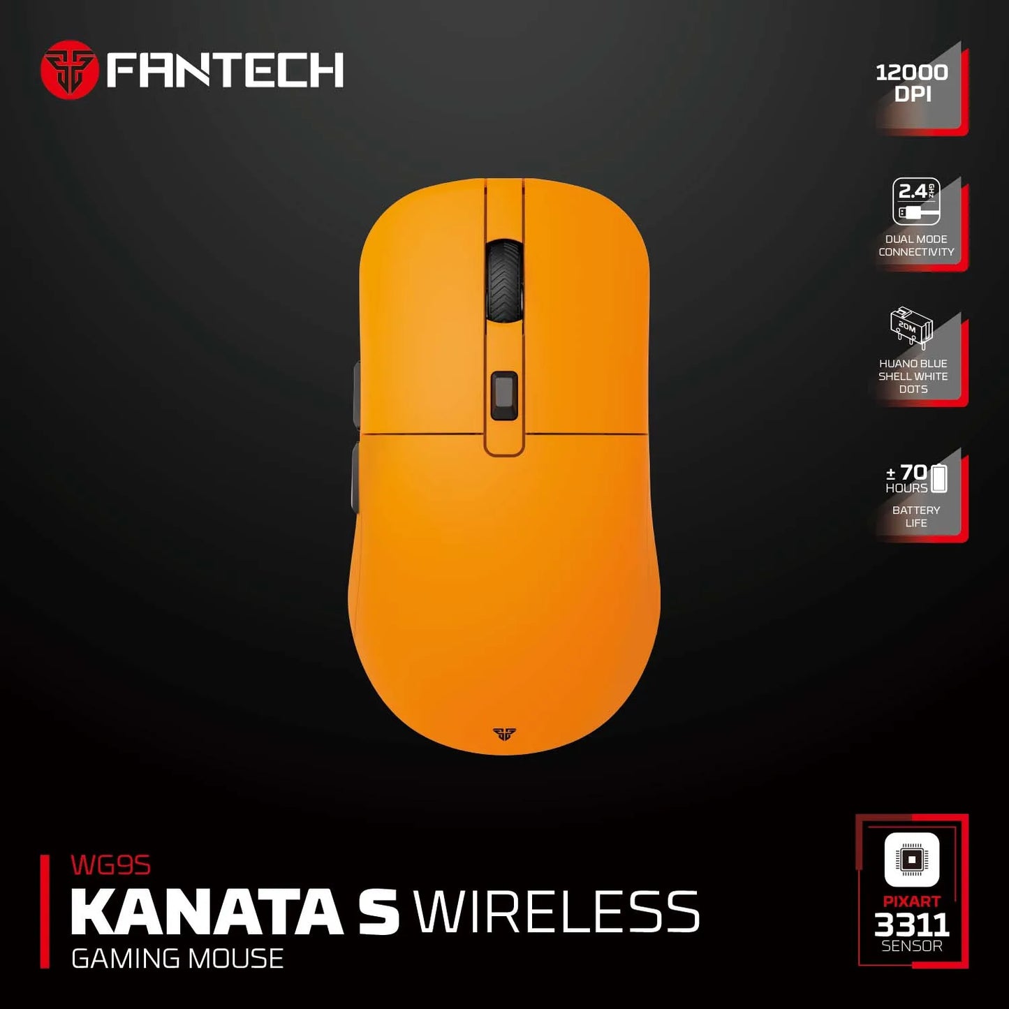 FANTECH KANATAS WG9S wireless gaming mouse with PIXART 3311 sensor, 12000 DPI, macro buttons, black ergonomic design.