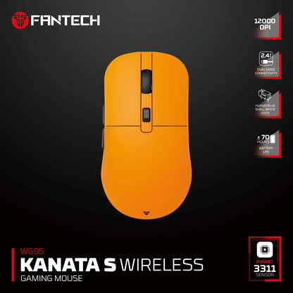FANTECH KANATAS WG9S wireless gaming mouse with PIXART 3311 sensor, 12000 DPI, macro buttons, black ergonomic design.