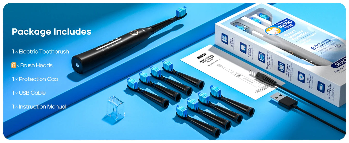 Seago SG-958 Fast Rechargeable Electric Toothbrush – Smart Auto, 8 Brush Heads, 5 Modes, IPX7 Waterproof