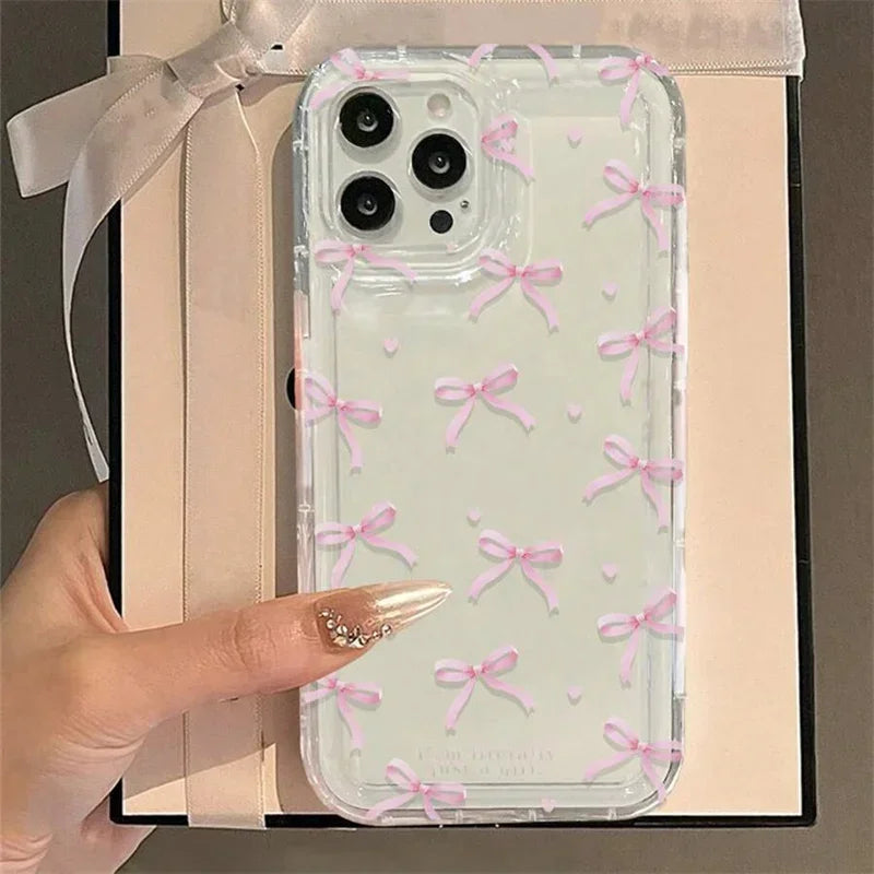 Heart Bow Phone Case for iPhone | Shockproof Soft Clear Cover for iPhone 11-17 Pro Max, Air, Mini