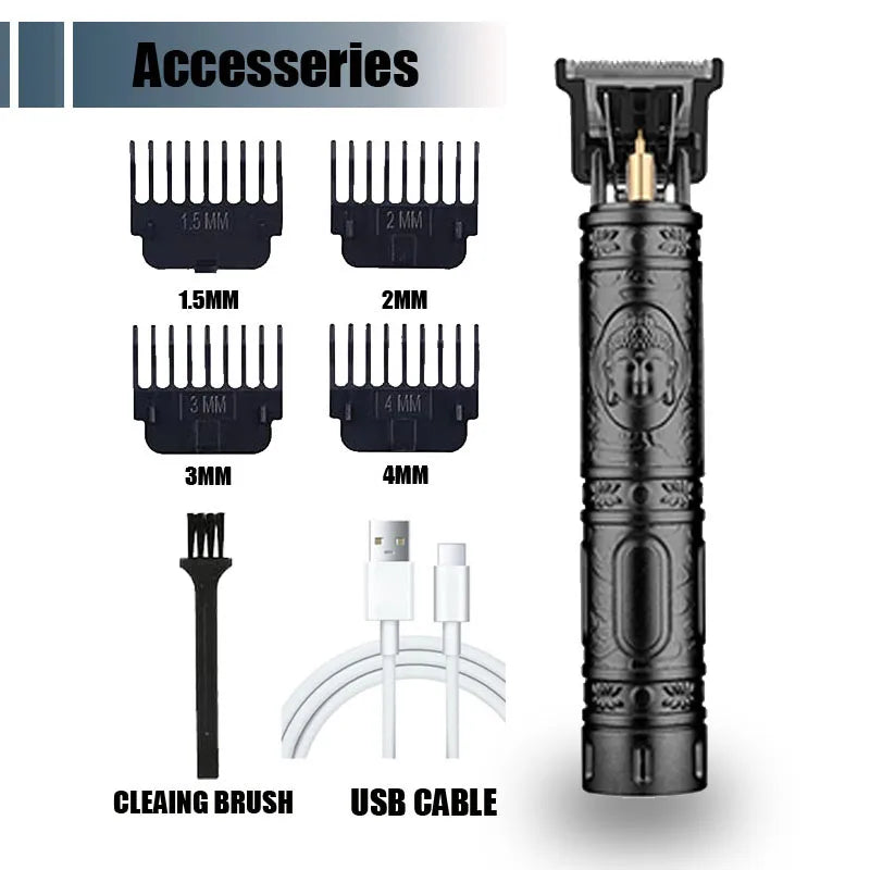 R.E.D. Shopping T9 Professional Hair Clipper and Beard Trimmer with USB fast charging, black and silver design, and adjustable blade.