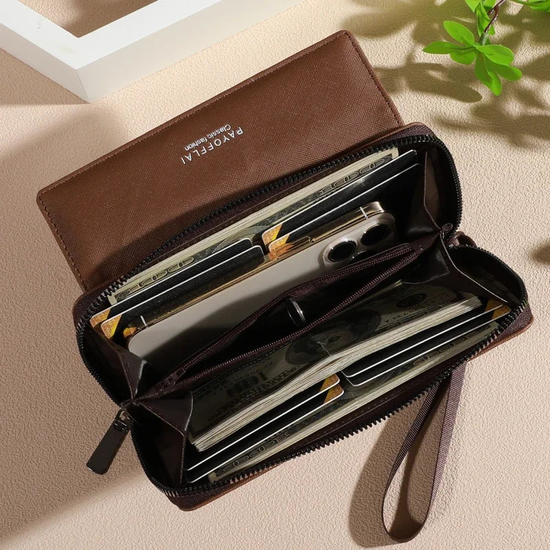 Men's PU Leather Wallet with Zipper - Multi-Slot Card Holder & Organizer