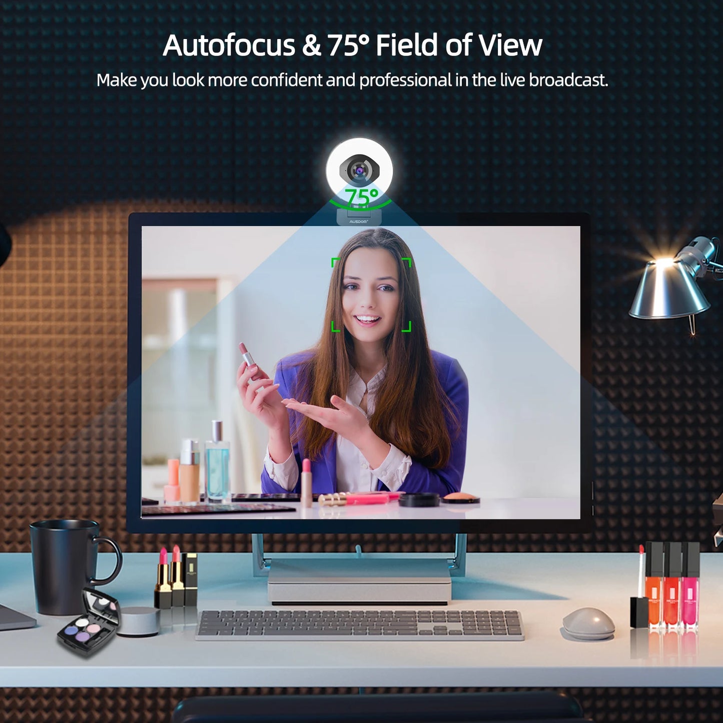 AUSDOM AF668 FHD 1080P 60FPS Webcam – Autofocus, Ring Light, Free Tripod