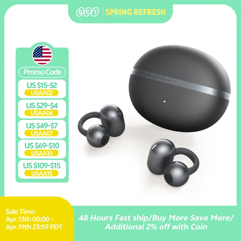 QCY Crossky C50 Open-Ear Clip-On Wireless Earbuds – Bluetooth 6.0, 4 AI Mics, Bass Boost, 60Hrs