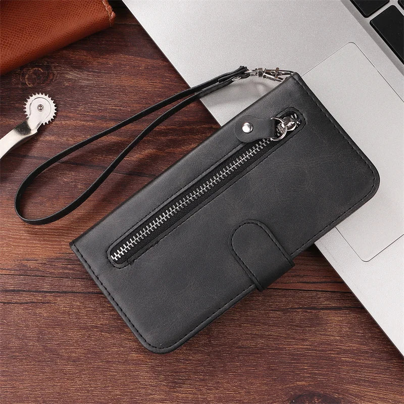 Leather iPhone 16 Plus zipper wallet case with card slots and magnetic stand, offering stylish protection and convenience.