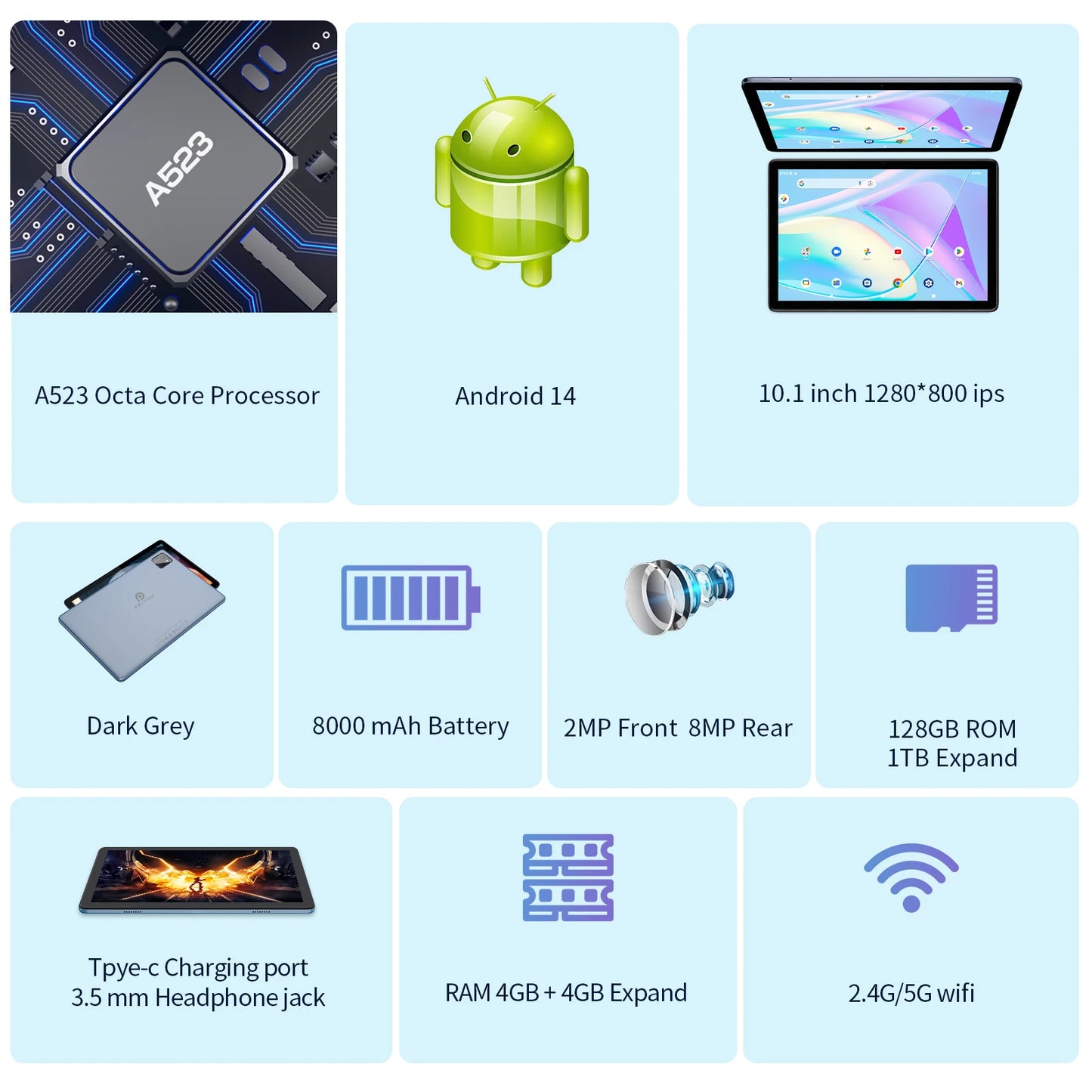 PRITOM TAB11 Tablet 10.1" – Android 15, 8GB+128GB, Octa Core, 5G WiFi, Keyboard+Mouse+Case