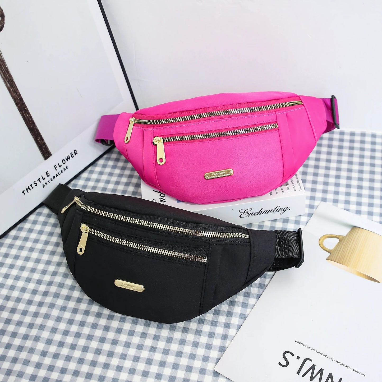 Women's R.E.D. Sports Waist Bag with multiple compartments, designed as a fanny pack and crossbody for outdoor activities.