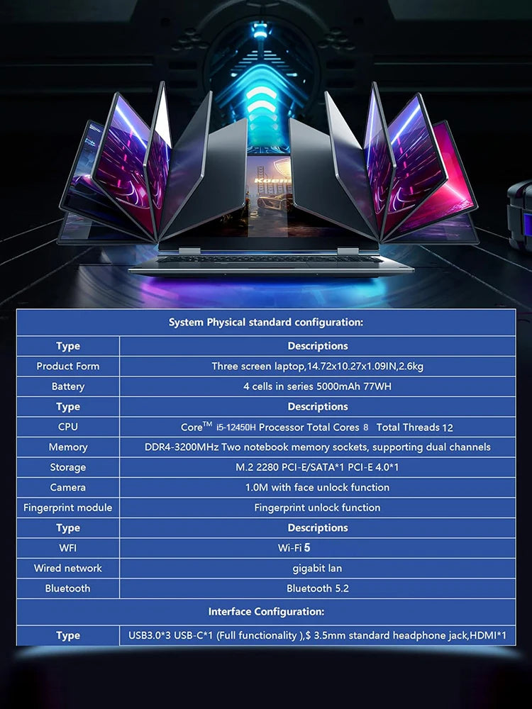 BYONE BAX16 Triple Screen Laptop — 16"+Dual 10.5", Intel i5-12450H, 64GB RAM, 4TB SSD
