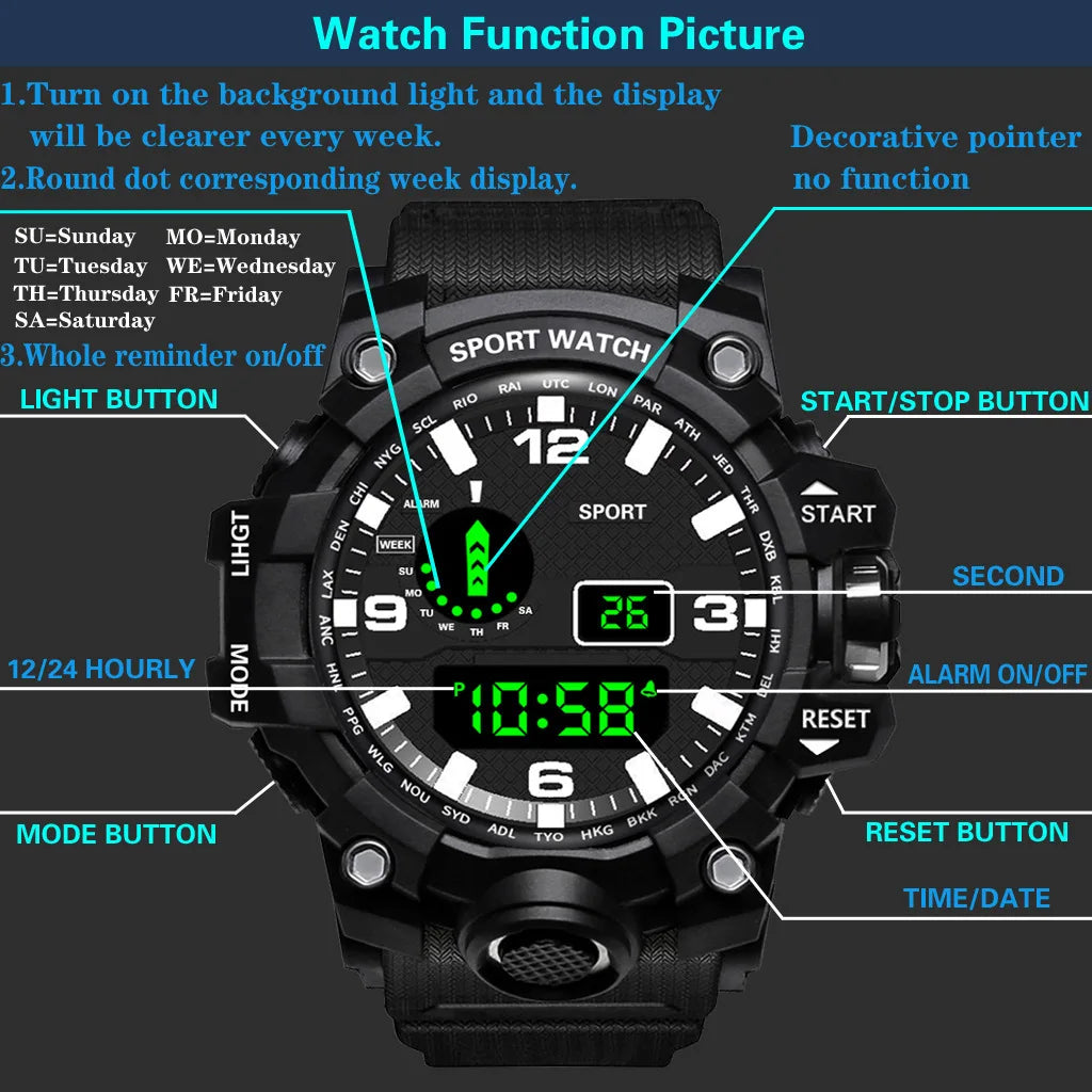 Men's sports electronic wristwatch with large dial, waterproof design, luminous display, and alarm from R.E.D. Shopping