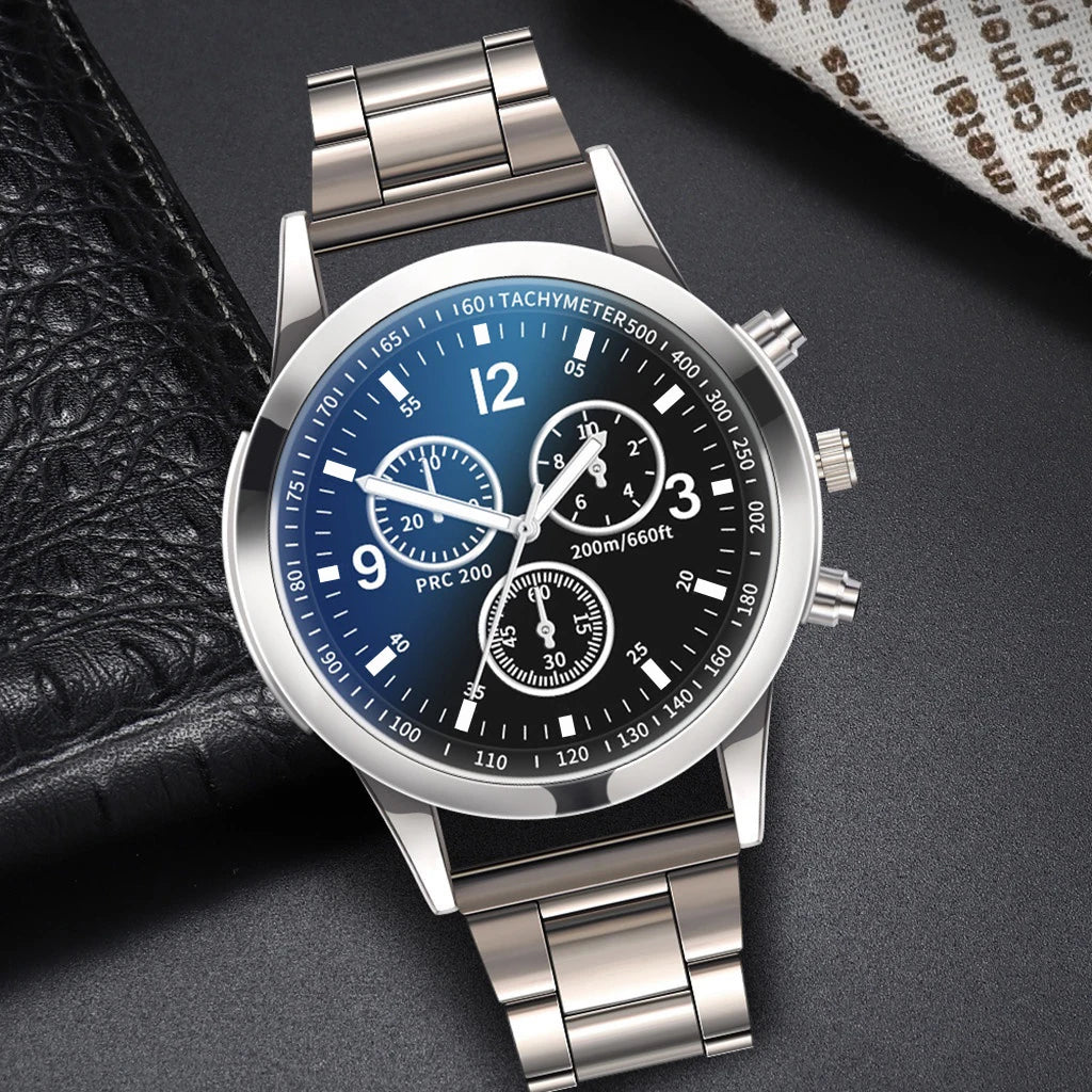 Men's R.E.D. Shopping quartz business watch with stainless steel band, featuring a sleek round dial and matching bracelet set.