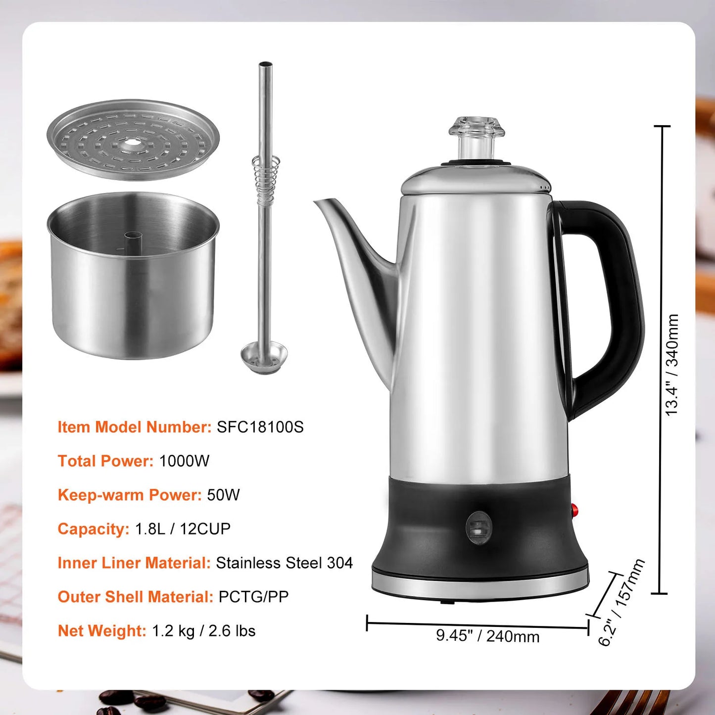 SucceBuy 12-Cup Electric Percolator Coffee Pot | 304 Stainless Steel, Keep Warm